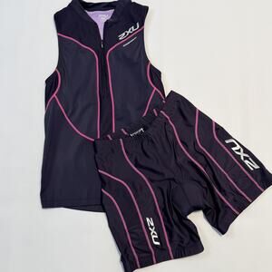 2XU Triathlon Cycling Set Womens Medium Purple Zip Tank Padded Shorts 2 Piece